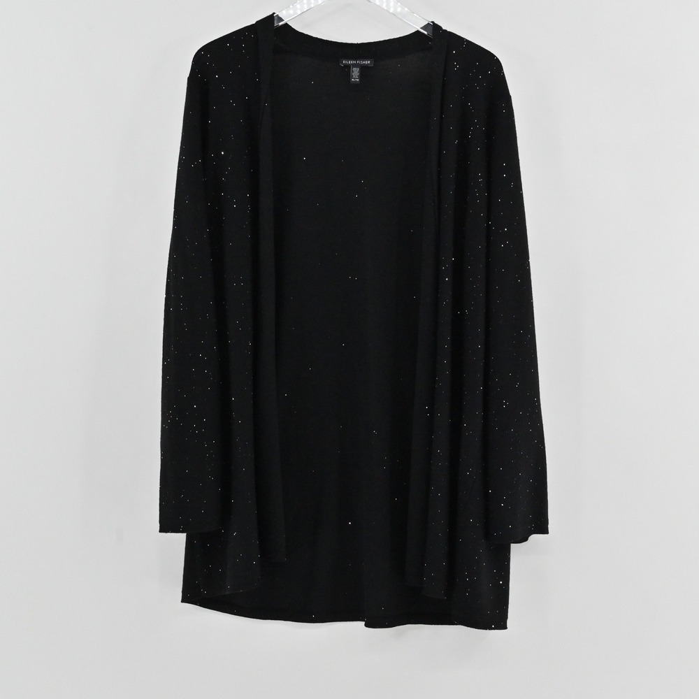 Eileen Fisher Sequin Cardigan Womens Size XL Black Shimmer Merino Wool Italian